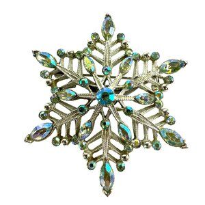Vintage Mylu Snowflake Brooch Silver Tone with Blue A/B Crystals